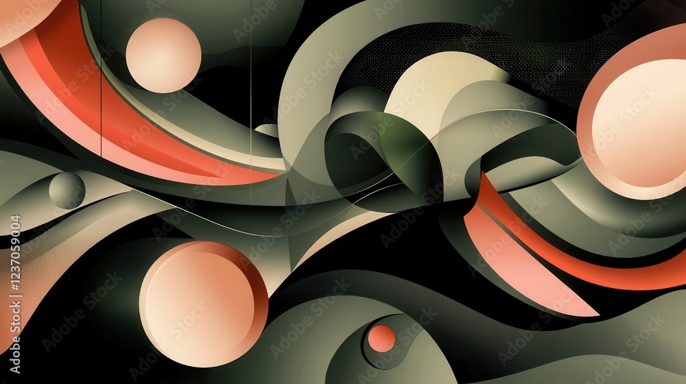Poster abstract digital art piece with a black background. it features a variety of shapes and lines in dif
