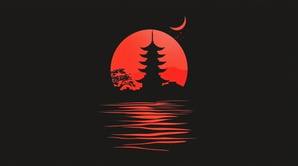 Silhouette of a pagoda under a red sunset with moon and water reflections. Generative AI