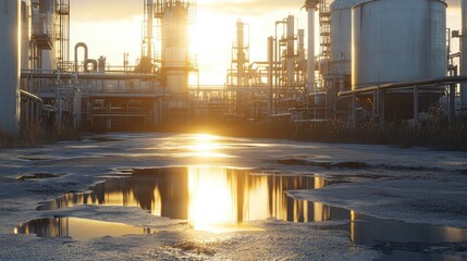 Obraz premium Industrial Refinery Sunset Reflection Puddle Ground