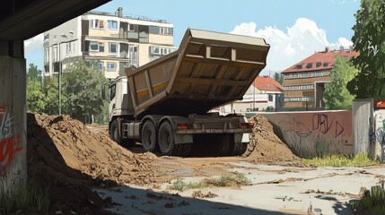 Dump Truck Unloading Soil Near Urban Buildings