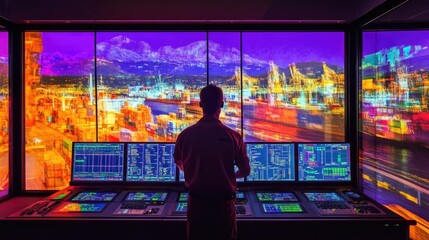 Naklejka premium Operator Monitoring Port Activity Via Computer Screens