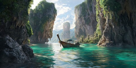 A beautiful tropical island with turquoise waters, surrounded by lush greenery and towering cliffs. A traditional long-tail boat is seen floating in the crystal-clear waters 