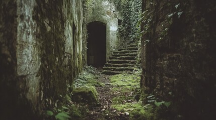 Obraz premium Overgrown Stone Passageway Leading To Dark Entrance