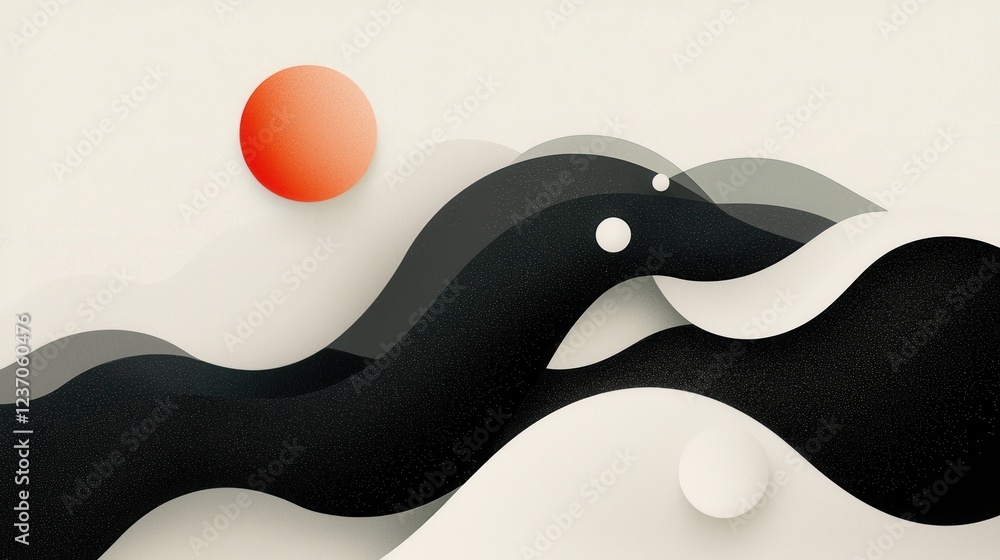 Poster abstract digital art piece with a white background. it features a black wave-like design with a red 