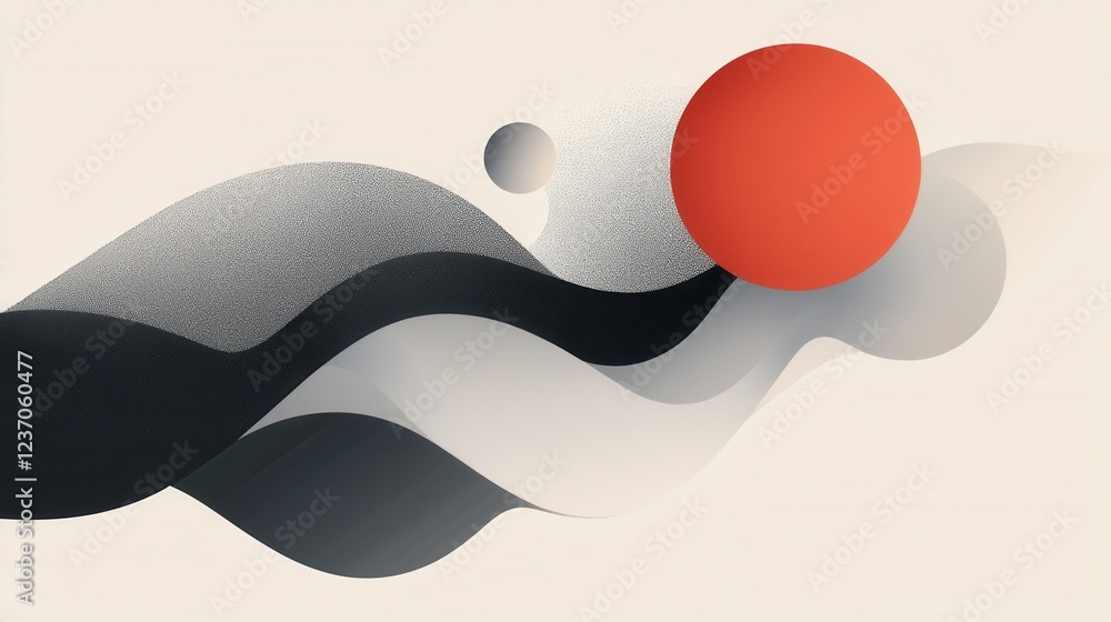 Poster abstract digital art piece with a white background. it features a combination of black and grey wavy