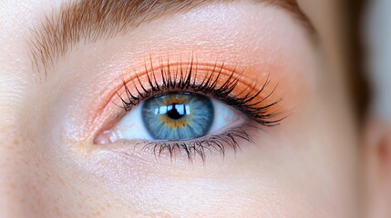 Obraz premium Close-up of a woman's eye with peach eyeshadow
