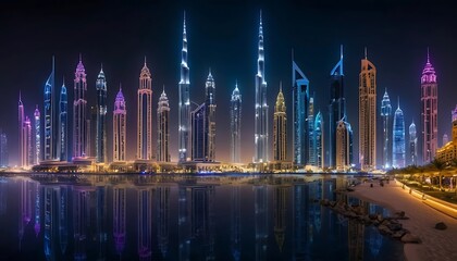 Fototapeta premium Dubai Skyline: Night's Vibrant Towers and Serene Reflections