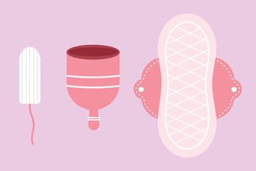 Menstrual pads set with eco friendly products. Reusable menstrual pads. Zero Waste woman menstrual period. Flat style design element set. Suitable for clip art, stickers, flat design illustration, etc