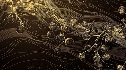 Artistic representation of molecular structures intertwined with flowing lines in a dark cosmic background. Generative AI