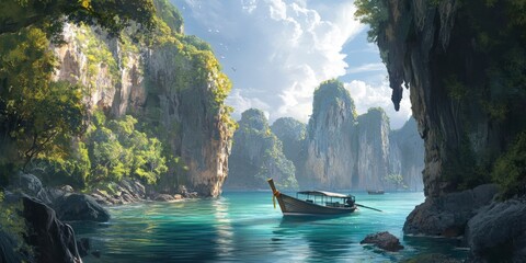 A beautiful tropical island with turquoise waters, surrounded by lush greenery and towering cliffs. A traditional long-tail boat is seen floating in the crystal-clear waters 
