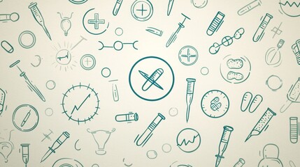 Medical symbols and instruments illustrated on a light background showcasing healthcare and science themes. Generative AI