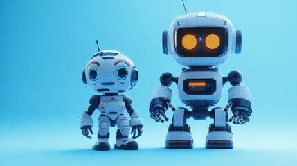 Cute cartoon robots in different shapes and sizes stand together on a blue background, showing the idea of artificial intelligence.