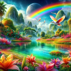 Paradise with flowers rainbow and river