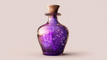 Vibrant glass bottle containing swirling purple and starry galaxy design sitting against a neutral background. Generative AI