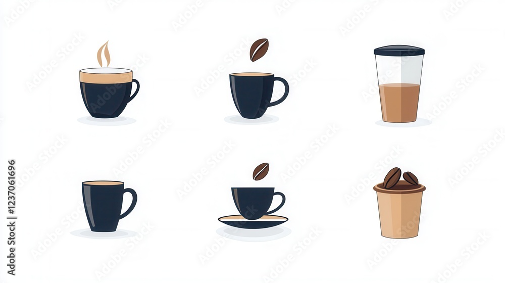 Poster six different types of coffee cups and saucers arranged in a grid-like pattern. each cup is black an