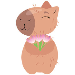 Charming capybara holding a bouquet of pink flowers with a joyful and peaceful expression. Perfect for greeting cards, nature-themed illustrations, eco-friendly projects, and digital stickers