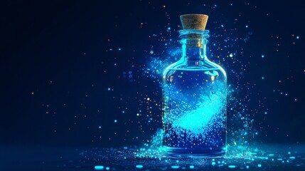 Magical blue potion in a glass bottle surrounded by shimmering particles against a dark background. Generative AI