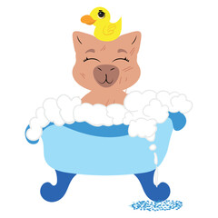 capybara relaxing in a blue bathtub filled with bubbles, with a cute yellow rubber duck on its head. Perfect for self-care, spa, wellness, and relaxation-themed designs