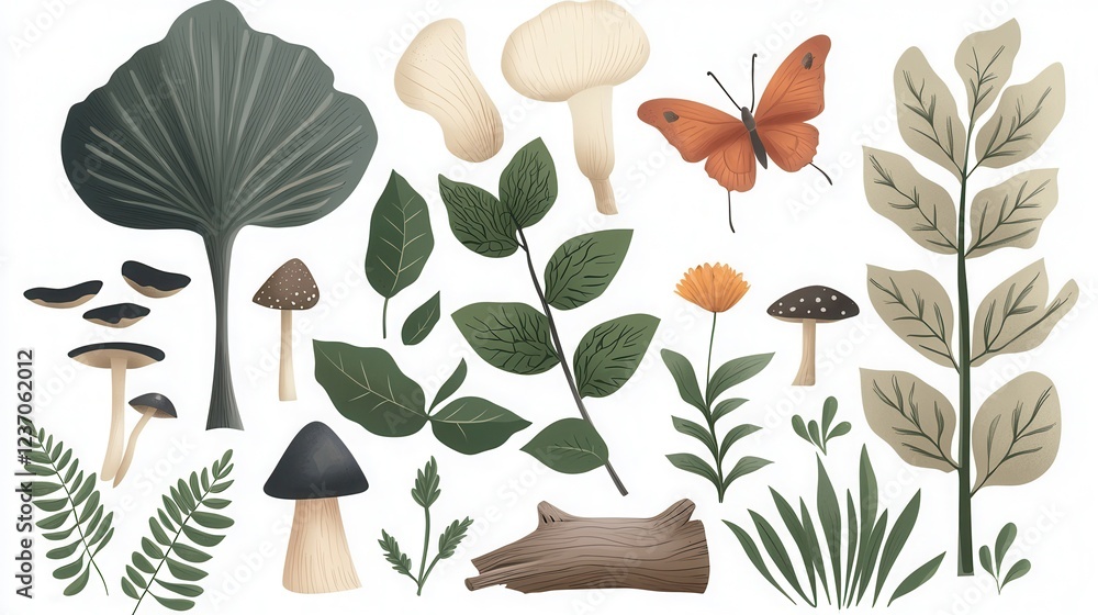 Poster collection of various types of plants and mushrooms. there are nine illustrations in total, arranged