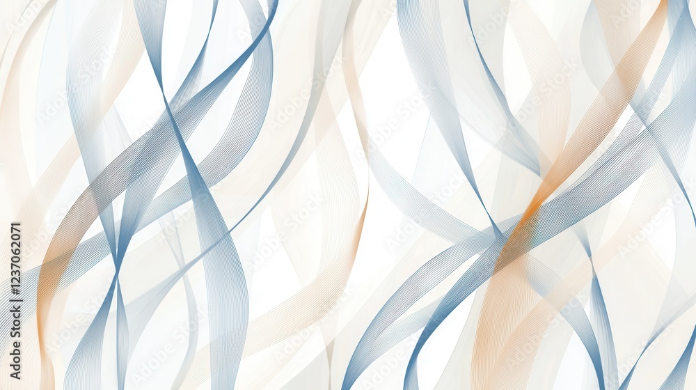 Poster abstract digital art piece with a white background. it features multiple wavy lines in different sha
