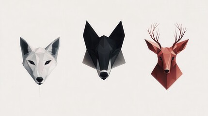 Three different types of animal heads in a geometric style. on the left, there is a white fox's head with pointed ears and a black nose.