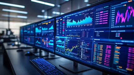 A professional trading environment highlighted by multiple monitors displaying real-time stock market data, emphasizing the fast-paced world of finance and analysis.