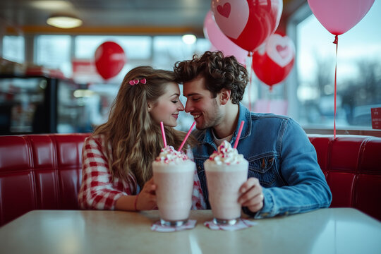 A couple sharing milkshakes with two straws at a retro diner, surrounded by heart-shaped balloons and festive decorations for Valentine's Day.