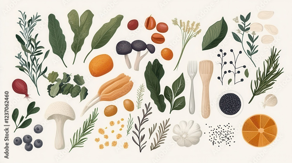 Poster collection of various types of herbs and spices arranged in a circular pattern. there are different 