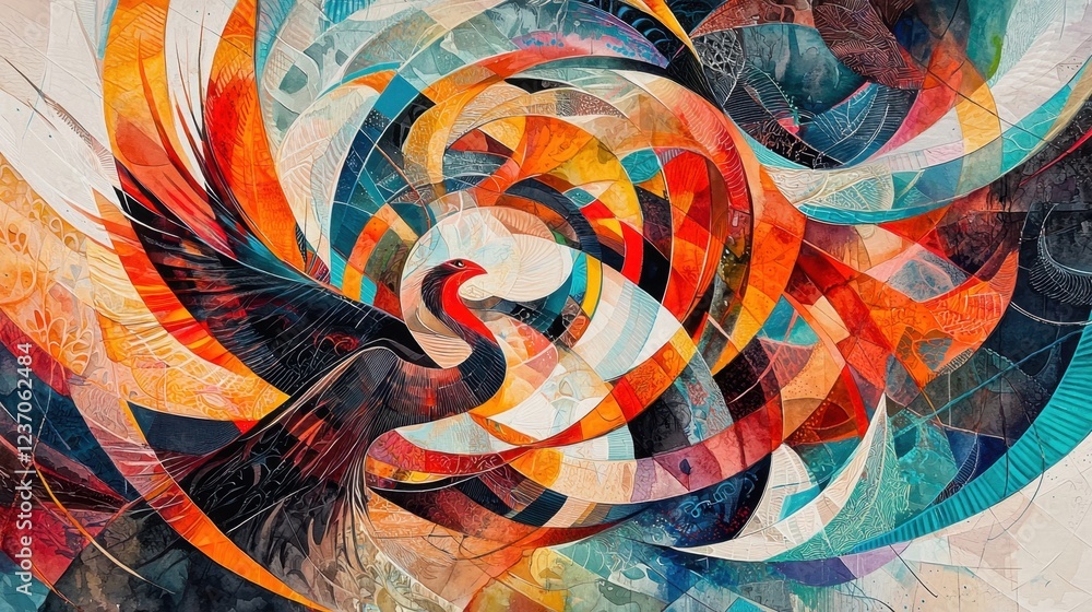 Poster intricate abstract art showcases a large bird at the center, surrounded by dynamic swirling patterns