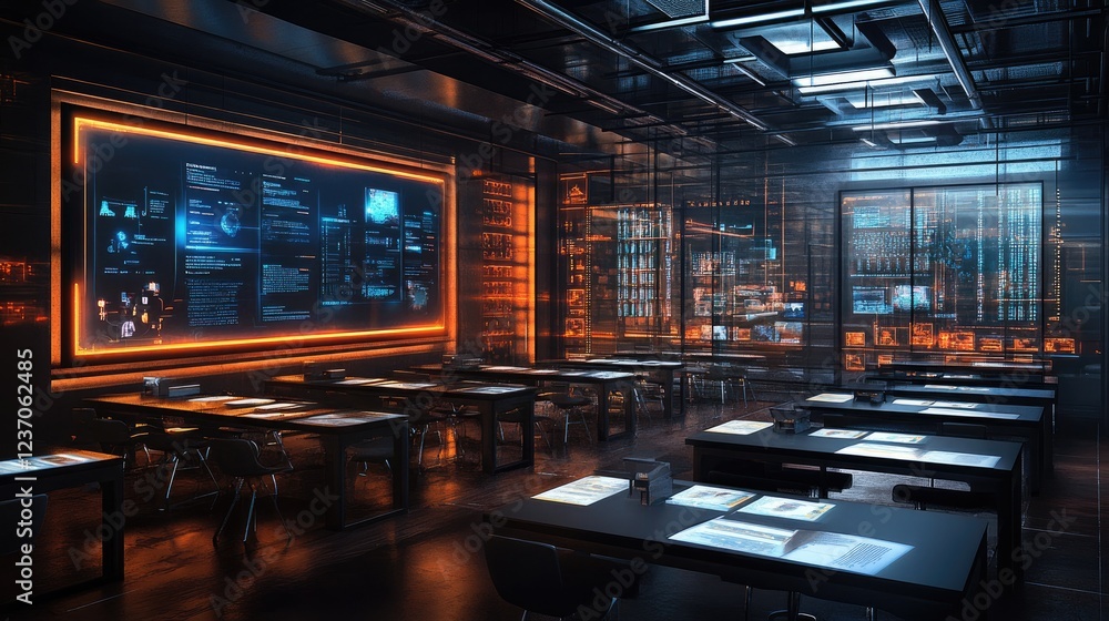 Poster futuristic classroom with digital displays and work tables