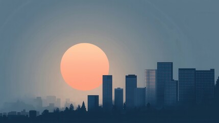 Obraz premium Digital illustration of a city skyline at sunset. the sky is a gradient of orange and blue, with the sun partially visible in the center.
