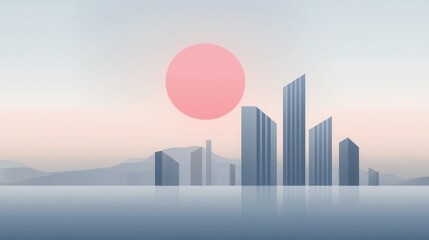 Fototapeta premium Digital illustration of a city skyline at sunset. the sky is a light blue color with a pink circle in the center.