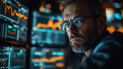 This image shows a focused man with glasses intently analyzing complex data displayed on multiple screens, illustrating concentration and the power of data-driven decisions in modern life.