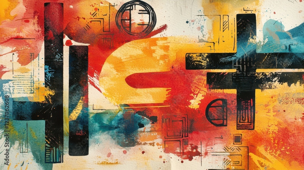 Poster a colorful abstract representation combines bold shapes with fluid brush strokes, creating a dynamic