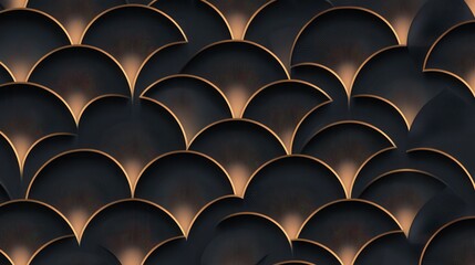 Seamless pattern of black and gold fish scales. the scales are arranged in a repeating pattern, creating a sense of depth and dimension.
