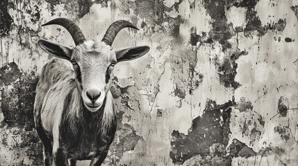 Goat standing proudly against a textured wall in a rustic setting during daylight hours. Generative AI