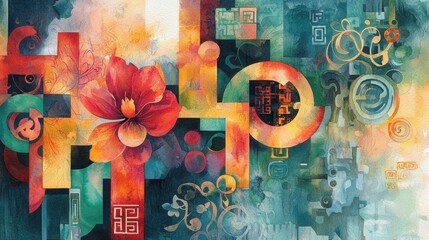 This artwork showcases a striking red flower surrounded by vibrant geometric shapes and intricate patterns. The rich colors blend beautifully, creating a captivating visual experience