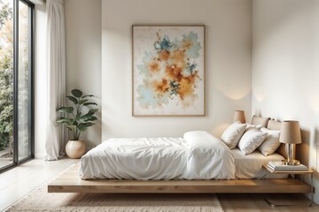 Serene Minimalist Bedroom with Abstract Art and Natural Light