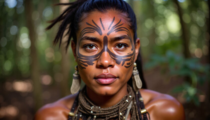 Intense portrait of Native American warrior with face paint in forest, cultural heritage