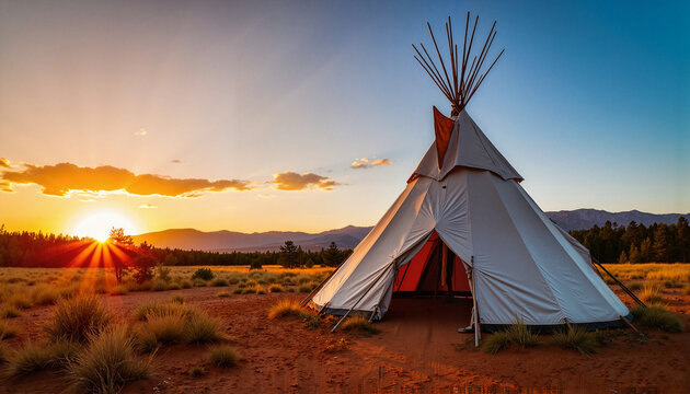 Tipi at sunset in tranquil desert landscape, cultural heritage