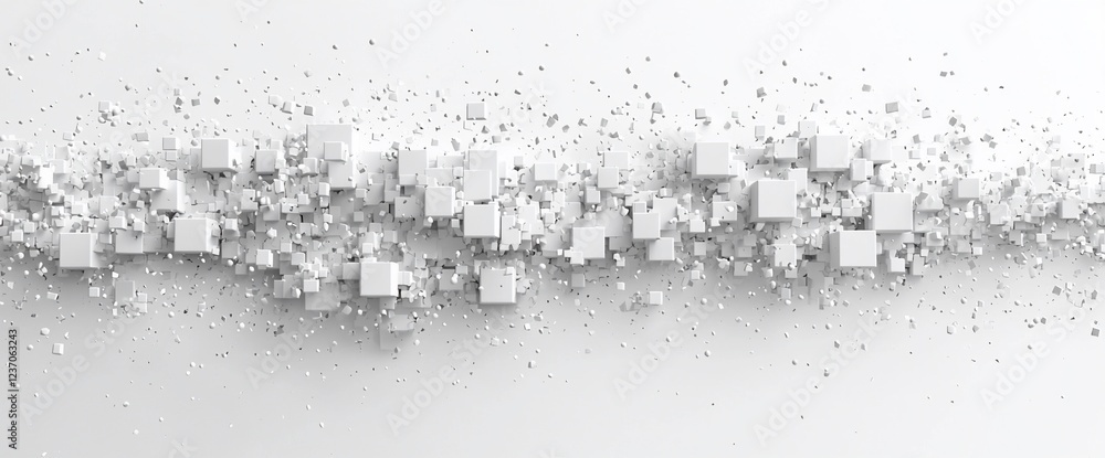 Poster abstract white cubes exploding, scattered across a white background.