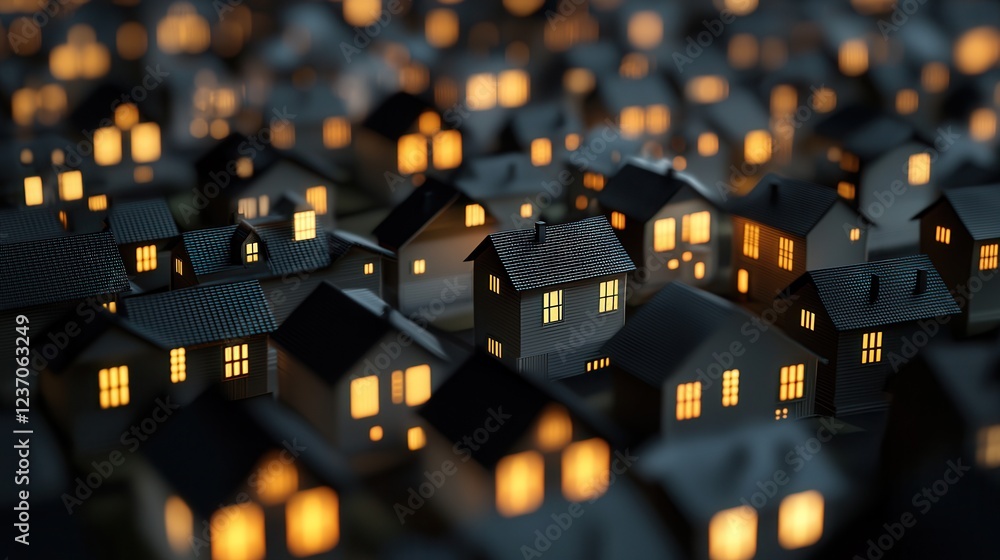 Poster close-up of a group of small houses with black roofs and windows. the houses are arranged in a grid-
