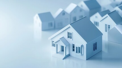 Group of small white houses with blue roofs. the houses are arranged in a grid-like pattern, with the largest one in the center and the smaller ones on either side.