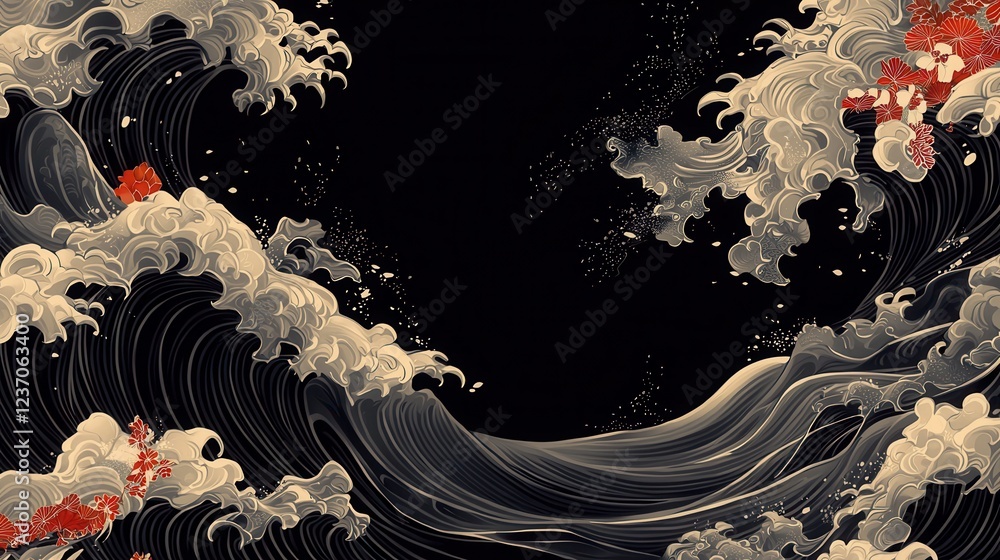 Poster illustration of a large wave with a black background. the wave is made up of multiple layers of whit