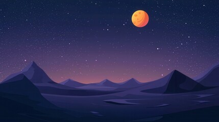 Obraz premium Digital illustration of a night sky with a full moon in the top right corner. the sky is filled with stars and the moon is a bright orange color.