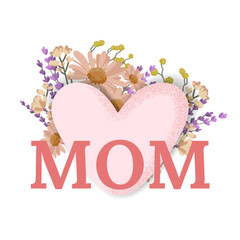Mother's Day concept Heart with wildflowers and MOM Text. Heart shaped floral design with MOM typography, wildflowers. Perfect for Mother's Day cards, gifts, greeting designs.Vector illustration