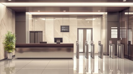 A contemporary reception area showcases polished floors and stylish furnishings. The space includes a welcoming front desk, electronic visitor check-in, and security turnstiles