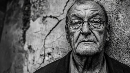 Fototapeta premium Elderly man gazing thoughtfully against a cracked wall, expressing emotions of wisdom and experience in a monochrome setting.