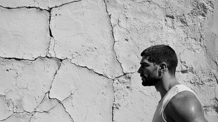 Man walking against a cracked wall in black and white, showcasing resilience and determination during the day. 