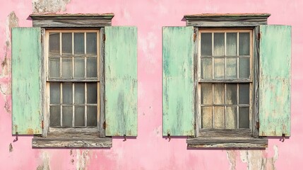 Fototapeta premium Green shutters and wooden windows from an old house stand out against a pink background. There's room for text and the image can be easily cut out.
